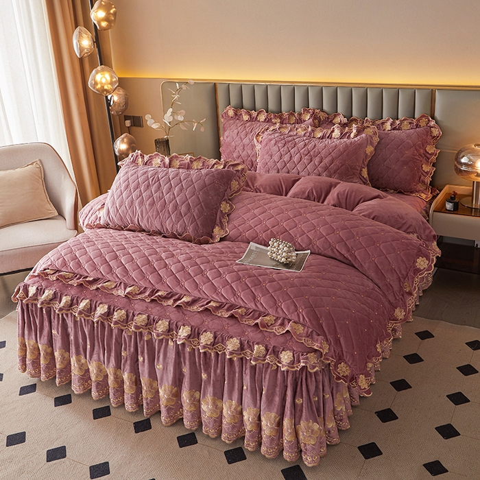 91家纺网 家纺一手货源 找家纺 罗艺轩 2025新款婴儿绒双层夹棉可拆卸床裙四件套-花语 花语-豆沙