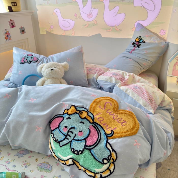 91家纺网 家纺一手货源 找家纺 曼之夏 2025新款纯棉印花加毛巾绣四件套 毛巾绣-大象