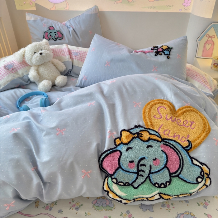 91家纺网 家纺一手货源 找家纺 曼之夏 2025新款纯棉印花加毛巾绣四件套 毛巾绣-大象