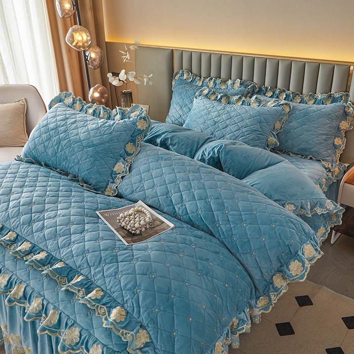 91家纺网 家纺一手货源 找家纺 罗艺轩 2025新款婴儿绒双层夹棉可拆卸床裙四件套-花语 花语-湖蓝