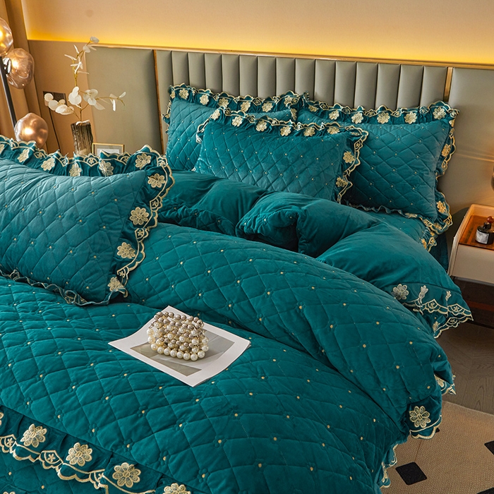 91家纺网 家纺一手货源 找家纺 罗艺轩 2025新款婴儿绒双层夹棉可拆卸床裙四件套-花语 花语-翡翠绿