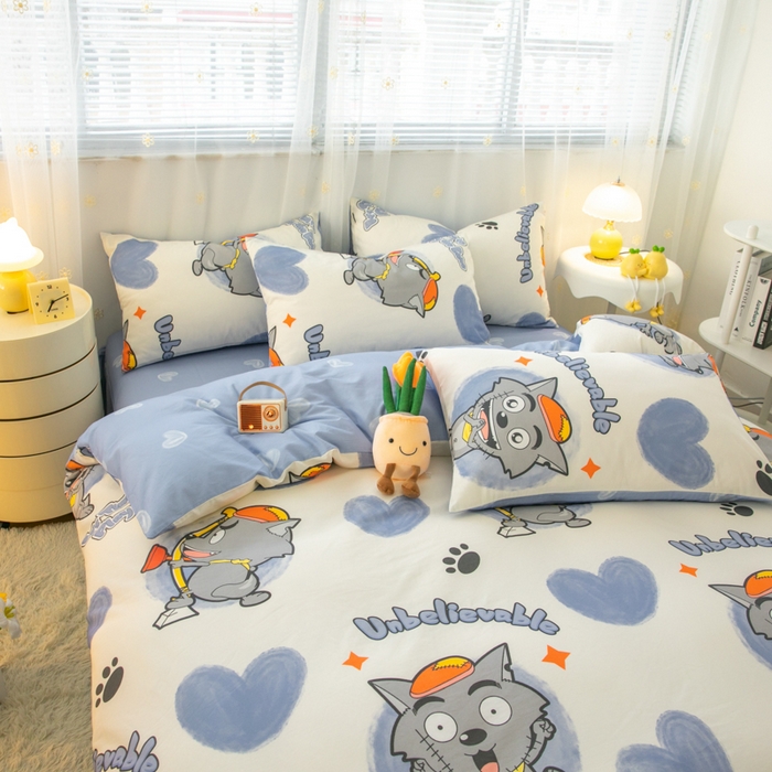 91家纺网 家纺一手货源 找家纺 简宜家居（朝初家纺） 2025新款40支斜纹12868纯棉全棉喜羊羊灰太狼系列四件套 灰心太郎