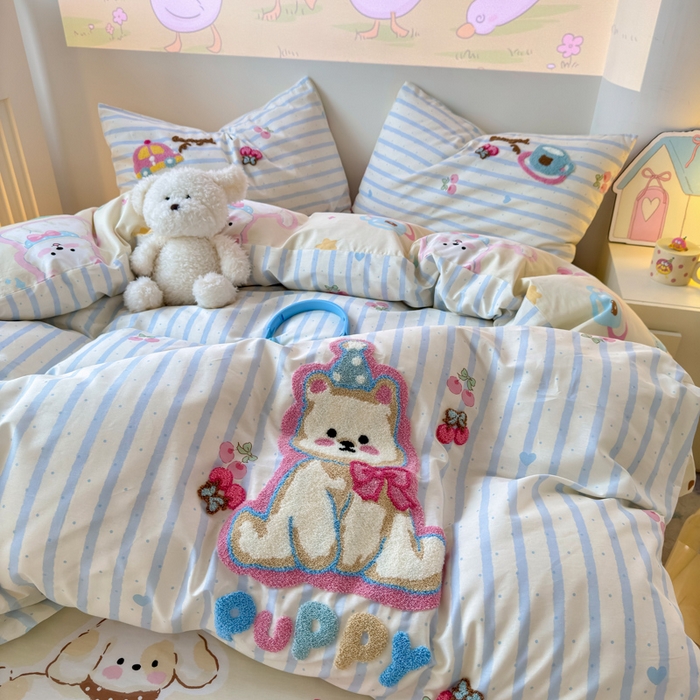 91家纺网 家纺一手货源 找家纺 曼之夏 2025新款纯棉印花加毛巾绣四件套 毛巾绣-萌宠