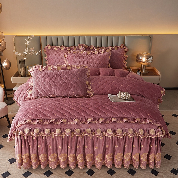 91家纺网 家纺一手货源 找家纺 罗艺轩 2025新款婴儿绒双层夹棉可拆卸床裙四件套-花语 花语-豆沙