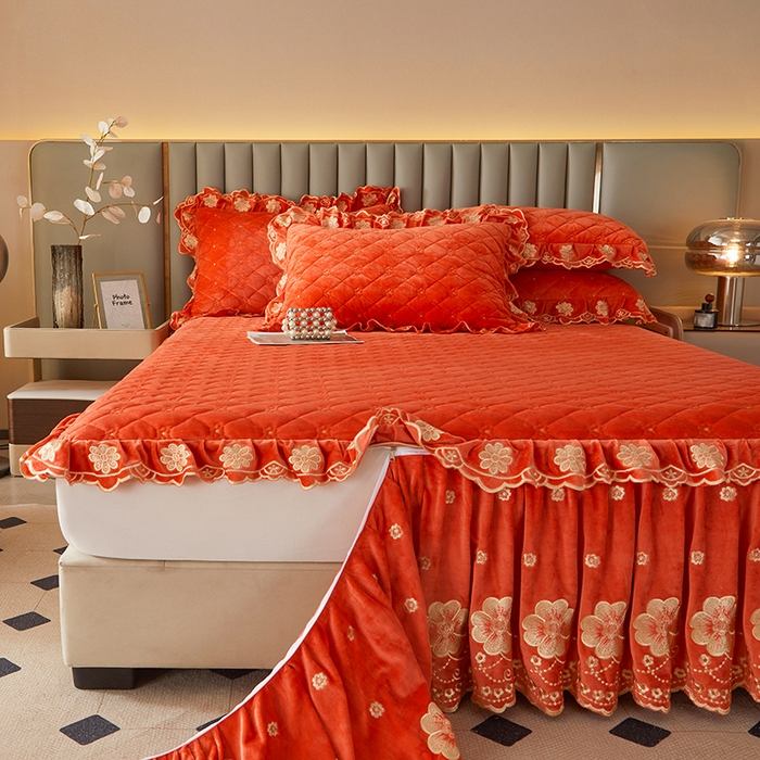 91家纺网 家纺一手货源 找家纺 罗艺轩 2025新款婴儿绒双层夹棉可拆卸床裙四件套-花语 花语-艾玛橙