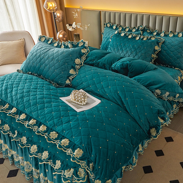 91家纺网 家纺一手货源 找家纺 罗艺轩 2025新款婴儿绒双层夹棉可拆卸床裙四件套-花语 花语-翡翠绿