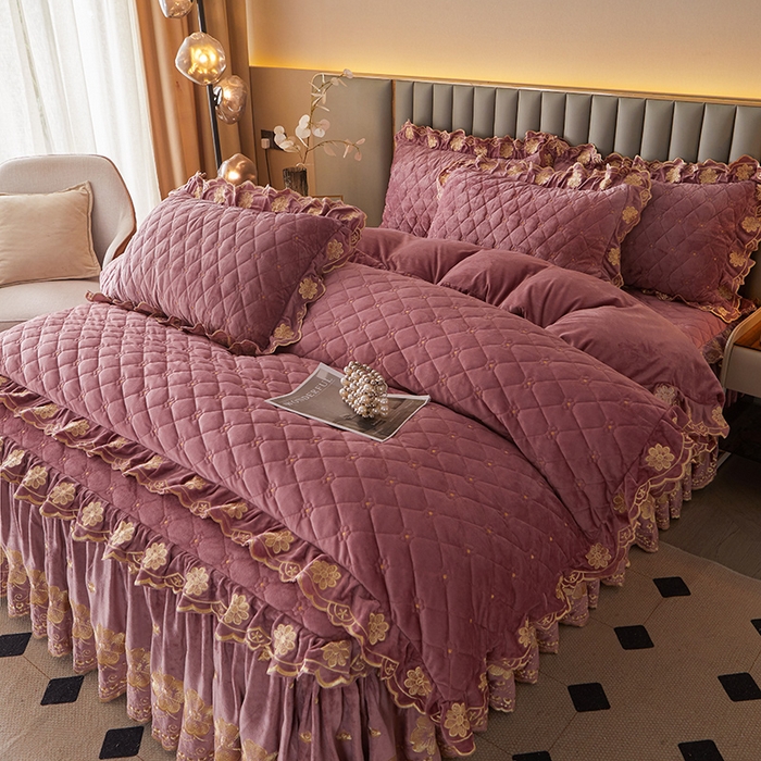 91家纺网 家纺一手货源 找家纺 罗艺轩 2025新款婴儿绒双层夹棉可拆卸床裙四件套-花语 花语-豆沙