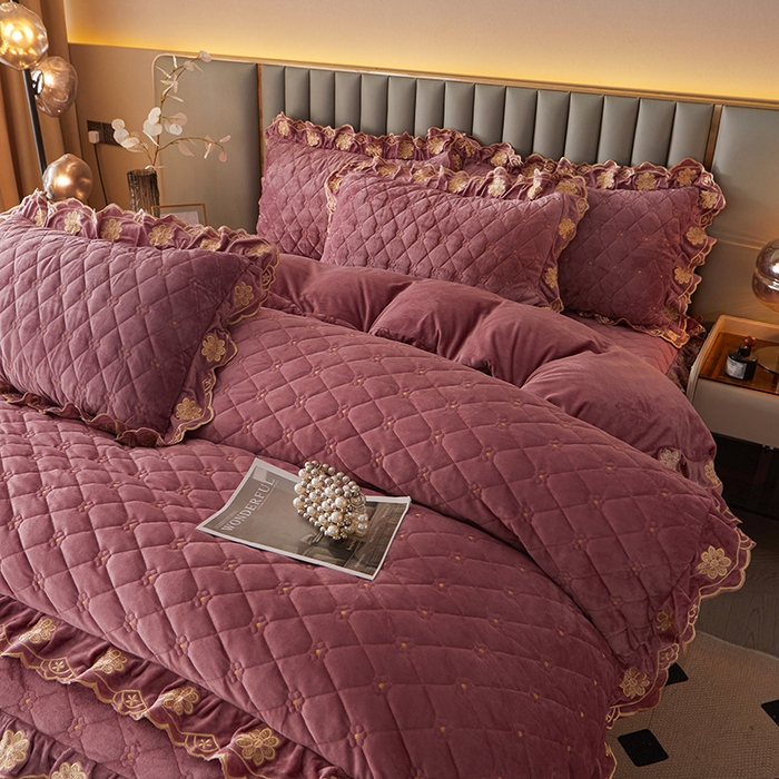 91家纺网 家纺一手货源 找家纺 罗艺轩 2025新款婴儿绒双层夹棉可拆卸床裙四件套-花语 花语-豆沙