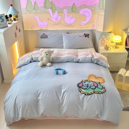 曼之夏 2025新款纯棉印花加毛巾绣四件套 毛巾绣-大象