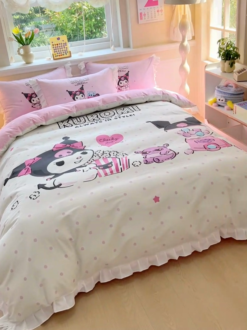 91家纺网 家纺一手货源 找家纺 玉元坊 2025年新款三丽鸥系列数码印花纯棉全棉床裙三件套四件套-花边款式 爆米花