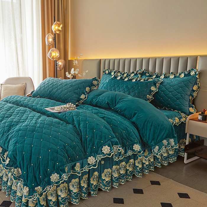 91家纺网 家纺一手货源 找家纺 罗艺轩 2025新款婴儿绒双层夹棉可拆卸床裙四件套-花语 花语-翡翠绿