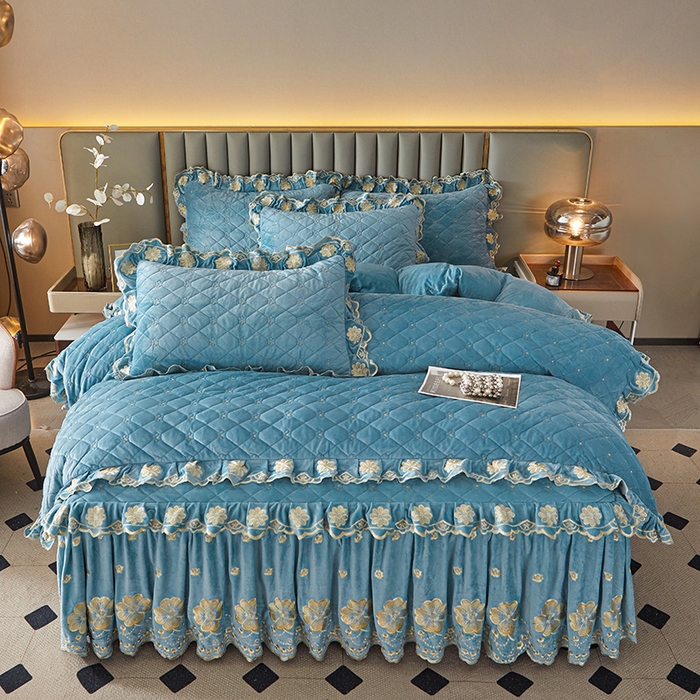 91家纺网 家纺一手货源 找家纺 罗艺轩 2025新款婴儿绒双层夹棉可拆卸床裙四件套-花语 花语-湖蓝