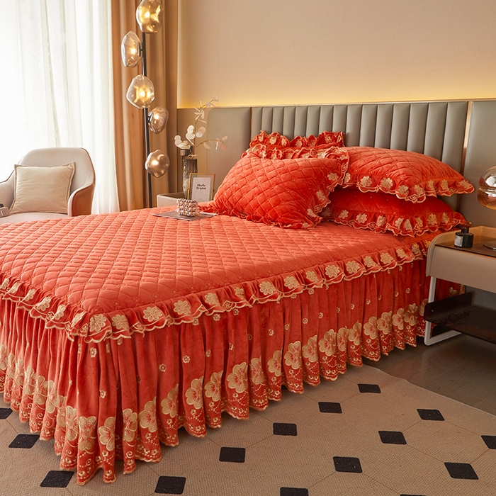 91家纺网 家纺一手货源 找家纺 罗艺轩 2025新款婴儿绒双层夹棉可拆卸床裙-花语 花语-艾玛橙