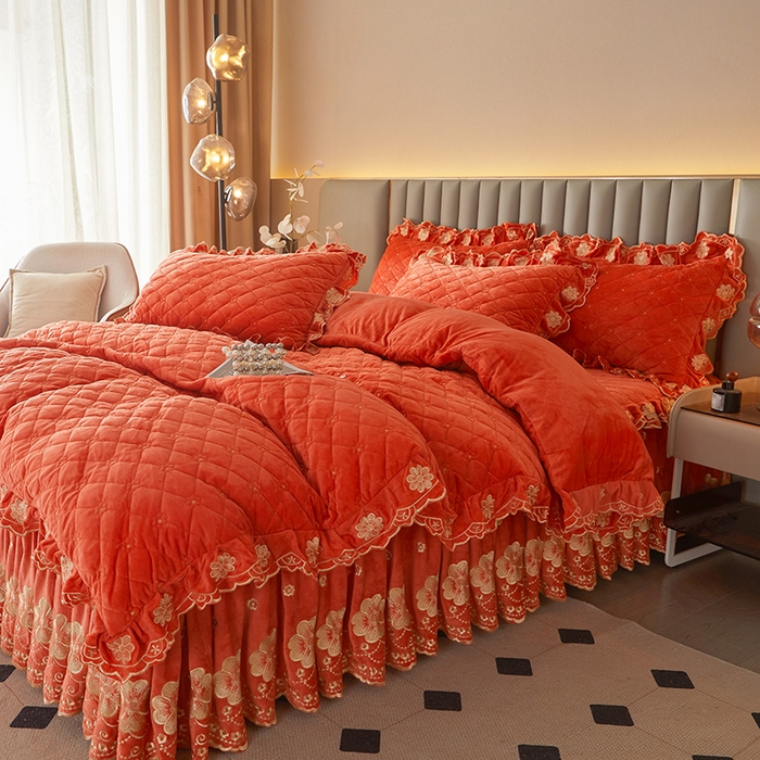 91家纺网 家纺一手货源 找家纺 罗艺轩 2025新款婴儿绒双层夹棉可拆卸床裙四件套-花语 花语-艾玛橙