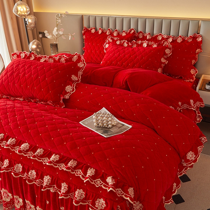 91家纺网 家纺一手货源 找家纺 （总）罗艺轩 2025新款婴儿绒双层夹棉可拆卸床裙四件套-花语