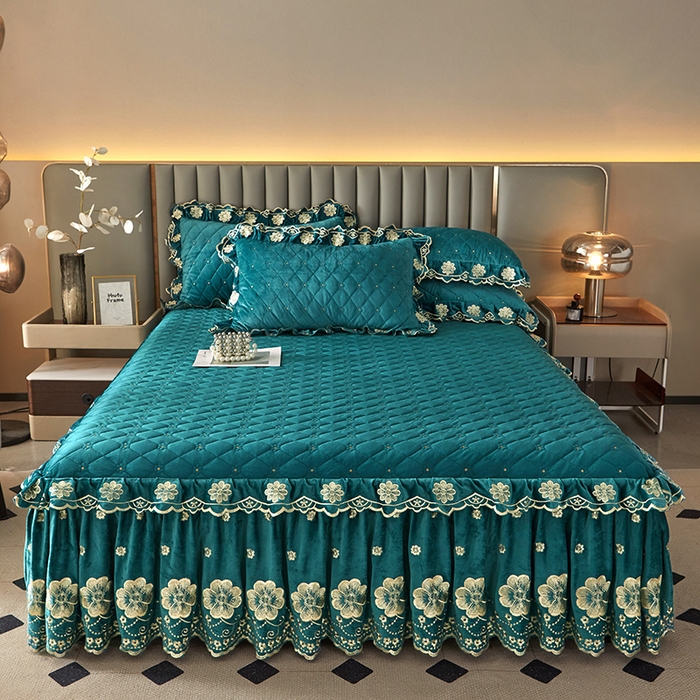 91家纺网 家纺一手货源 找家纺 罗艺轩 2025新款婴儿绒双层夹棉可拆卸床裙-花语 花语-翡翠绿