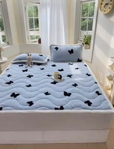 91家纺网 家纺一手货源 找家纺 梦初语 2025新款A类高克重立体毛巾绣阳粒子床垫褥 翩翩起舞-蓝