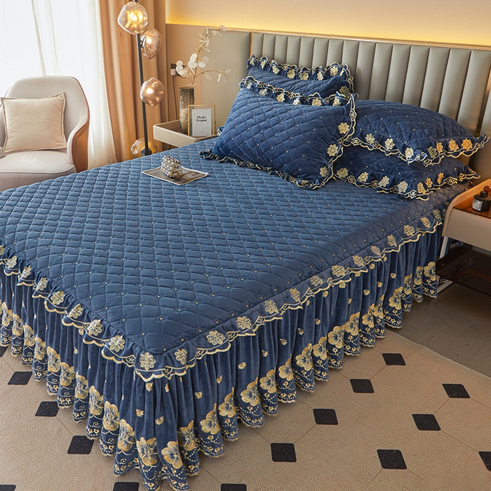 91家纺网 家纺一手货源 找家纺 罗艺轩 2025新款婴儿绒双层夹棉可拆卸床裙-花语 花语-宝蓝