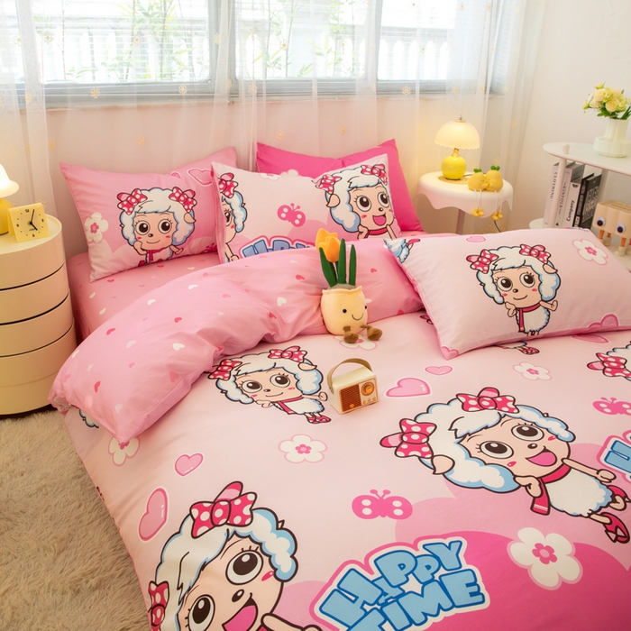 91家纺网 家纺一手货源 找家纺 简宜家居（朝初家纺） 2025新款40支斜纹12868纯棉全棉喜羊羊灰太狼系列四件套 美羊羊好心情