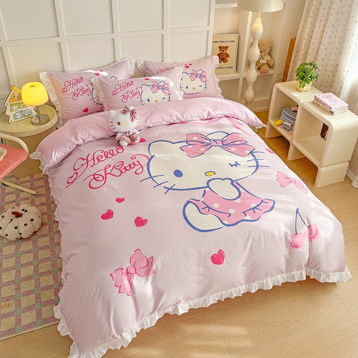 91家纺网 家纺一手货源 找家纺 玉元坊 2025年新款三丽鸥系列数码印花纯棉全棉床裙三件套四件套-花边款式 大版花边-甜心凯蒂