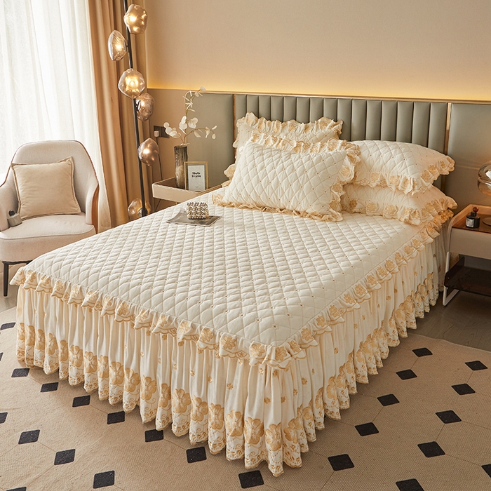 91家纺网 家纺一手货源 找家纺 罗艺轩 2025新款婴儿绒双层夹棉可拆卸床裙-花语 花语-奶昔