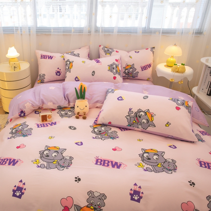 91家纺网 家纺一手货源 找家纺 简宜家居（朝初家纺） 2025新款40支斜纹12868纯棉全棉喜羊羊灰太狼系列四件套 开心灰太狼