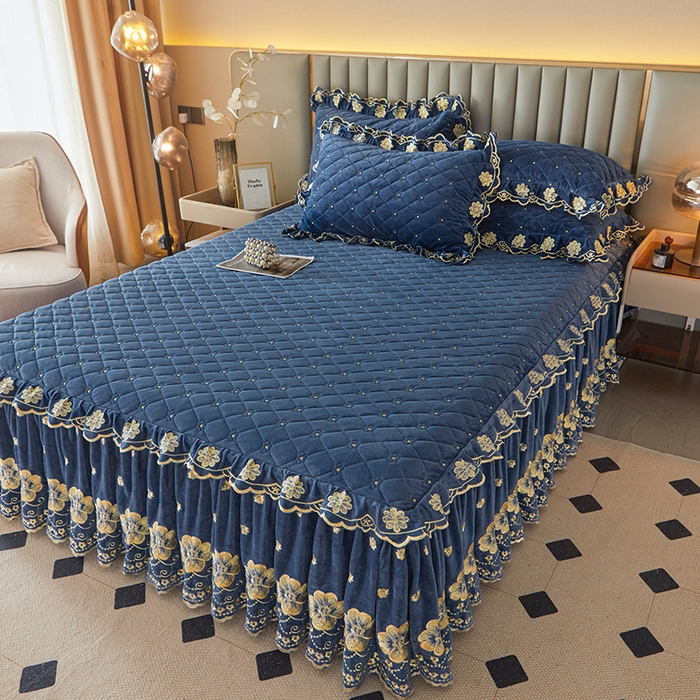 91家纺网 家纺一手货源 找家纺 罗艺轩 2025新款婴儿绒双层夹棉可拆卸床裙-花语 花语-宝蓝