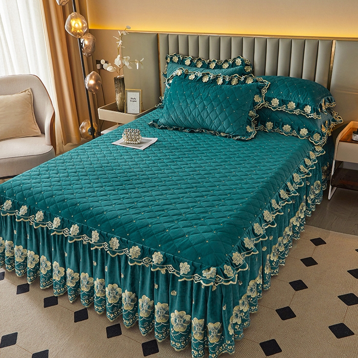 91家纺网 家纺一手货源 找家纺 罗艺轩 2025新款婴儿绒双层夹棉可拆卸床裙-花语 花语-翡翠绿