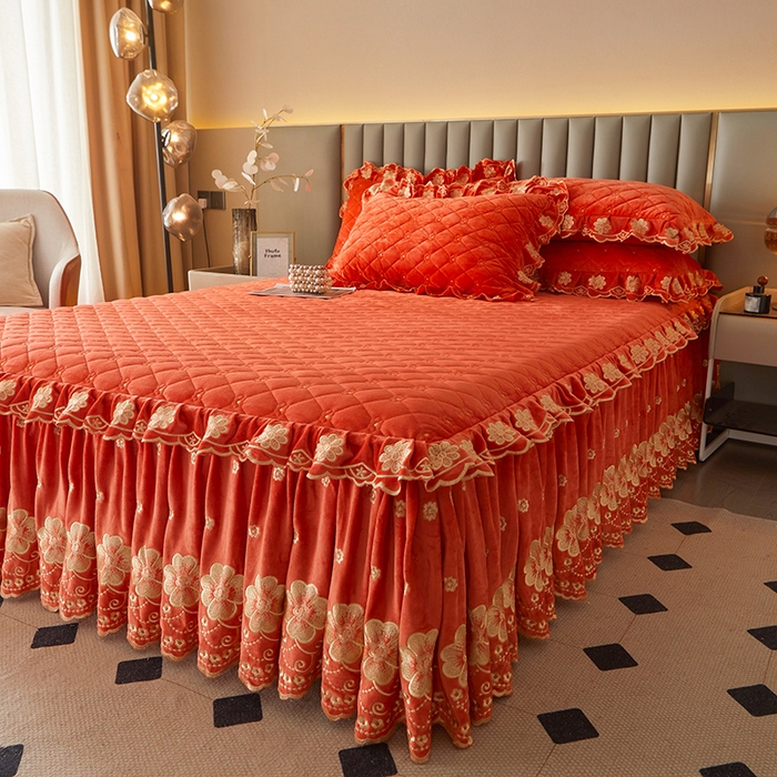 91家纺网 家纺一手货源 找家纺 罗艺轩 2025新款婴儿绒双层夹棉可拆卸床裙-花语 花语-艾玛橙