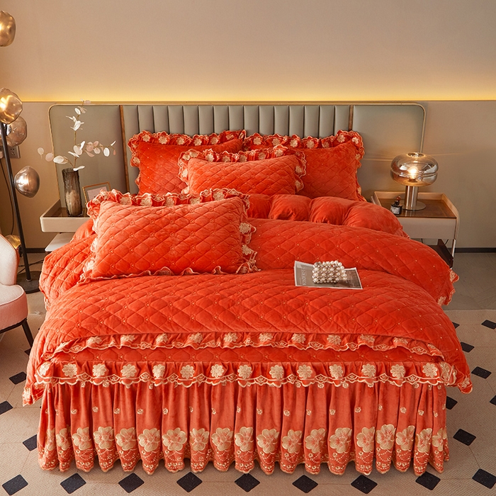 91家纺网 家纺一手货源 找家纺 罗艺轩 2025新款婴儿绒双层夹棉可拆卸床裙四件套-花语 花语-艾玛橙