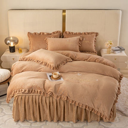 慧菲 2025新款刺绣夹棉牛奶绒床裙四件套-玫瑰花语 玫瑰花语-咖