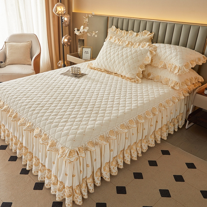 91家纺网 家纺一手货源 找家纺 罗艺轩 2025新款婴儿绒双层夹棉可拆卸床裙-花语 花语-奶昔