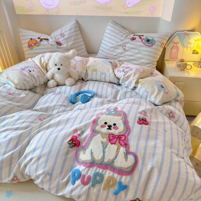 91家纺网 家纺一手货源 找家纺 曼之夏 2025新款纯棉印花加毛巾绣四件套 毛巾绣-萌宠