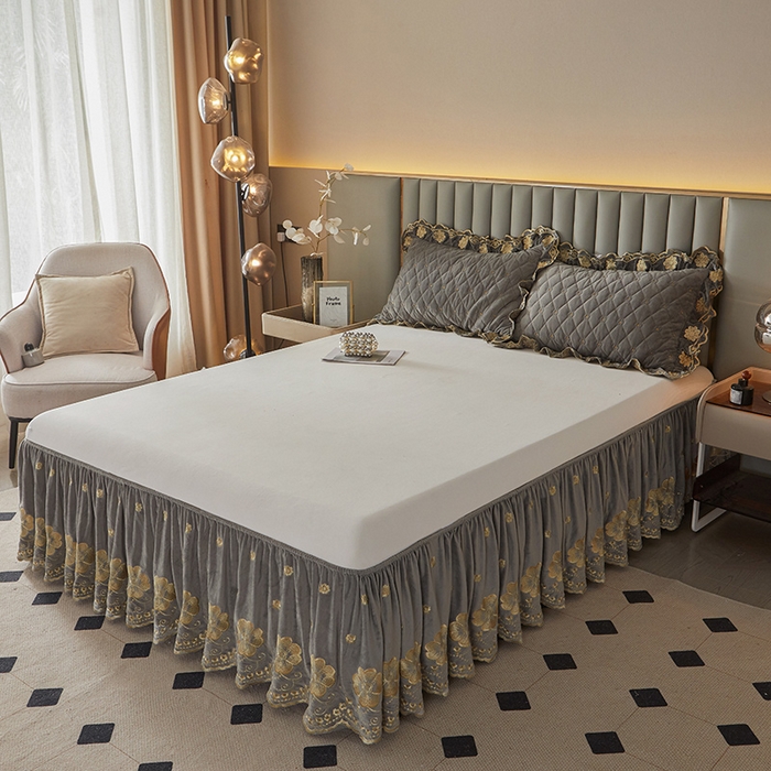 91家纺网 家纺一手货源 找家纺 罗艺轩 2025新款婴儿绒双层夹棉可拆卸床裙-花语 花语-高级灰