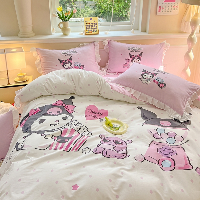 91家纺网 家纺一手货源 找家纺 玉元坊 2025年新款三丽鸥系列数码印花纯棉全棉床裙三件套四件套-花边款式 爆米花