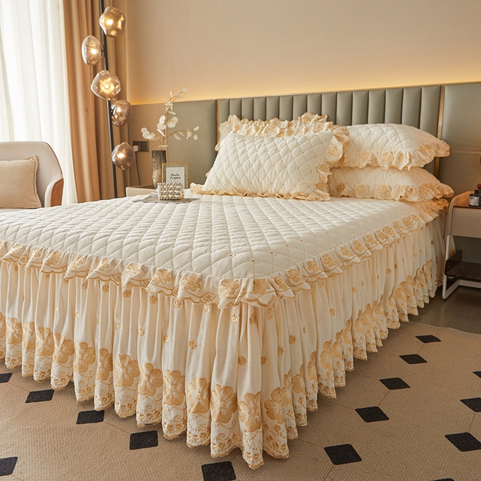 91家纺网 家纺一手货源 找家纺 罗艺轩 2025新款婴儿绒双层夹棉可拆卸床裙-花语 花语-奶昔