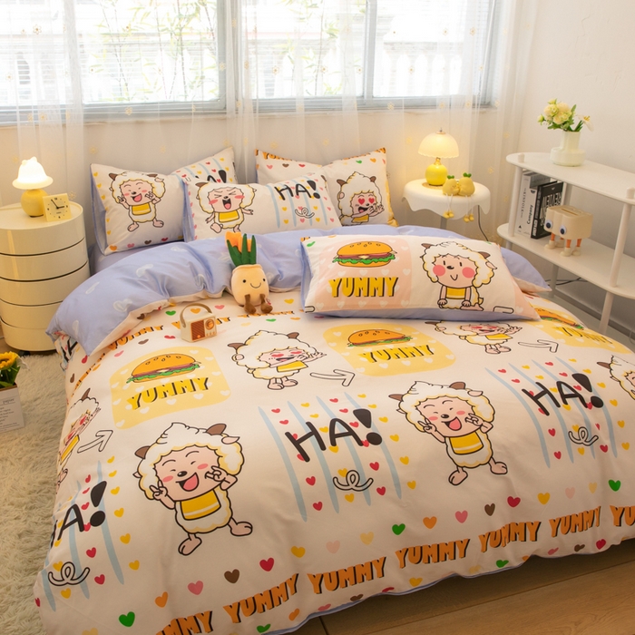 91家纺网 家纺一手货源 找家纺 简宜家居（朝初家纺） 2025新款40支斜纹12868纯棉全棉喜羊羊灰太狼系列四件套 吃货懒洋洋