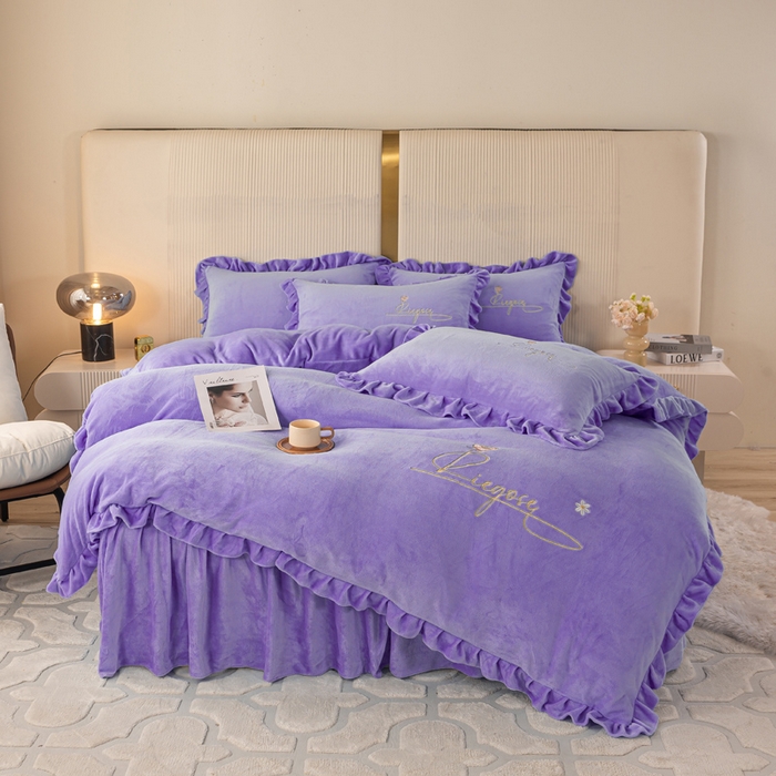 91家纺网 家纺一手货源 找家纺 慧菲 2025新款刺绣夹棉牛奶绒床裙四件套-玫瑰花语 玫瑰花语-紫