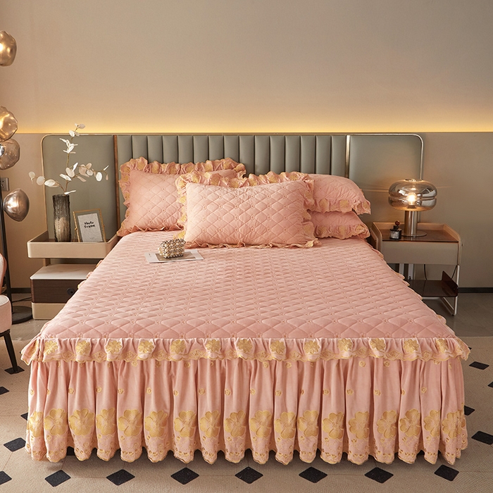 91家纺网 家纺一手货源 找家纺 罗艺轩 2025新款婴儿绒双层夹棉可拆卸床裙-花语 花语-梦幻玉