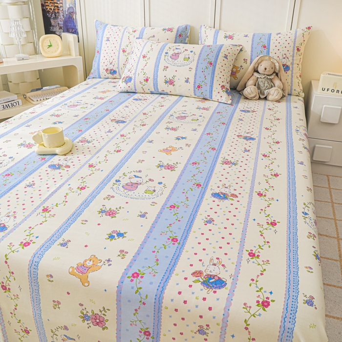 91家纺网 家纺一手货源 找家纺 金鑫汇家纺 2025新款全棉印花单床单 快乐萌兔