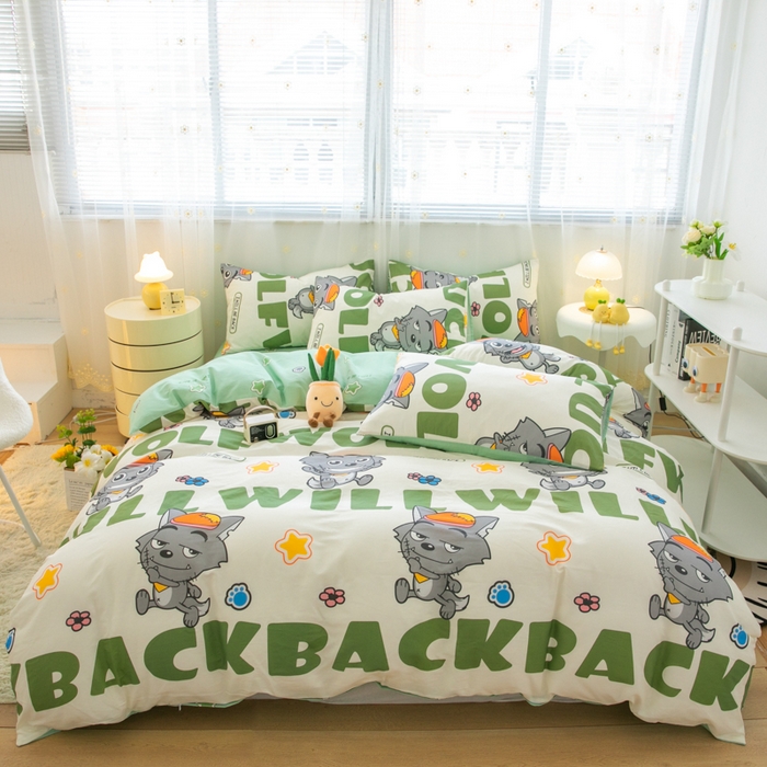 91家纺网 家纺一手货源 找家纺 简宜家居（朝初家纺） 2025新款40支斜纹12868纯棉全棉喜羊羊灰太狼系列四件套 快乐无忧