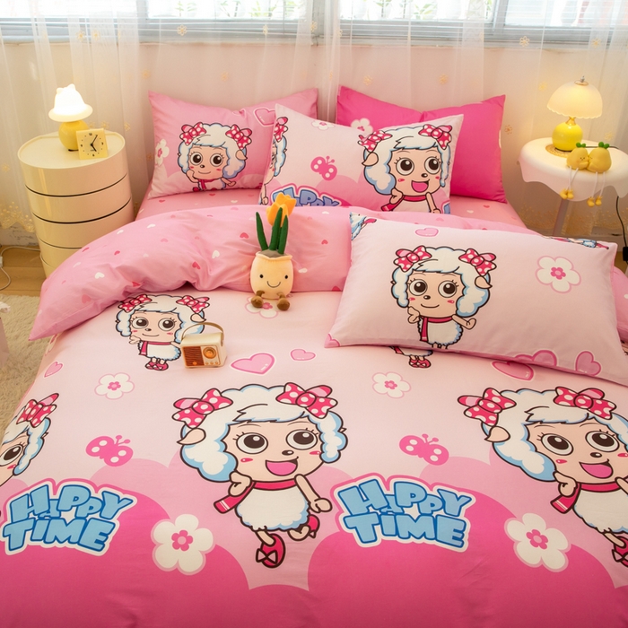 91家纺网 家纺一手货源 找家纺 简宜家居（朝初家纺） 2025新款40支斜纹12868纯棉全棉喜羊羊灰太狼系列四件套 美羊羊好心情