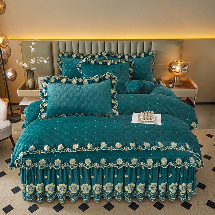 91家纺网 家纺一手货源 找家纺 罗艺轩 2025新款婴儿绒双层夹棉可拆卸床裙四件套-花语 花语-翡翠绿