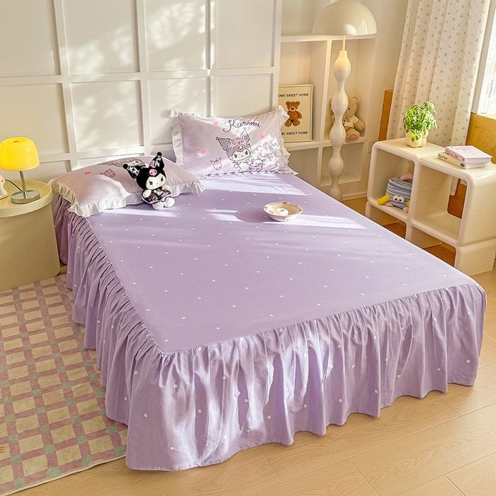 91家纺网 家纺一手货源 找家纺 玉元坊 2025年新款三丽鸥系列数码印花纯棉全棉床裙三件套四件套-花边款式 大版花边-晚安库洛米