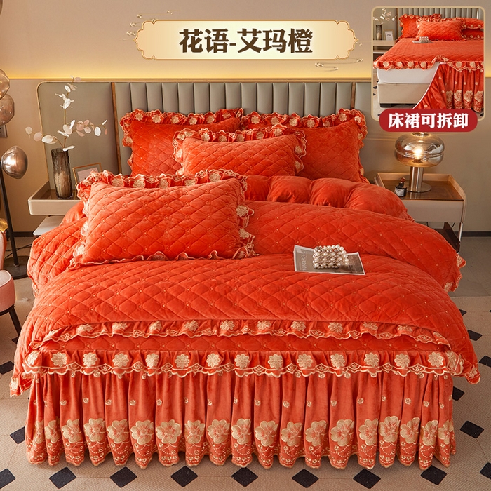 91家纺网 家纺一手货源 找家纺 罗艺轩 2025新款婴儿绒双层夹棉可拆卸床裙四件套-花语 花语-艾玛橙