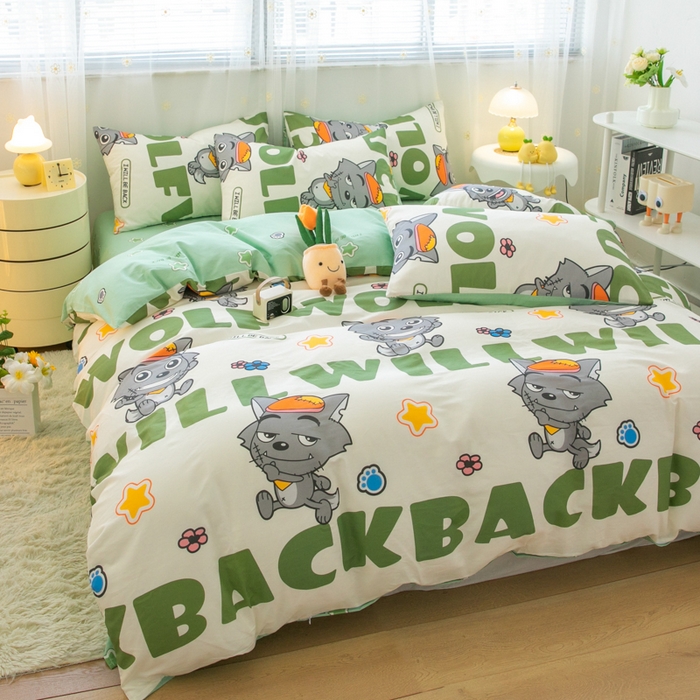 91家纺网 家纺一手货源 找家纺 简宜家居（朝初家纺） 2025新款40支斜纹12868纯棉全棉喜羊羊灰太狼系列四件套 快乐无忧