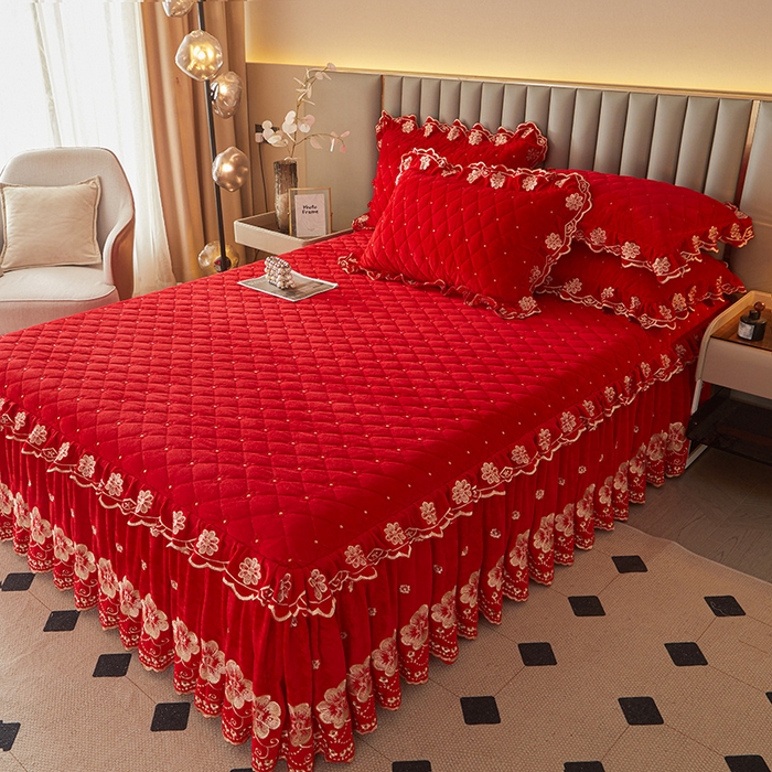 91家纺网 家纺一手货源 找家纺 （总）罗艺轩 2025新款婴儿绒双层夹棉可拆卸床裙四件套-花语