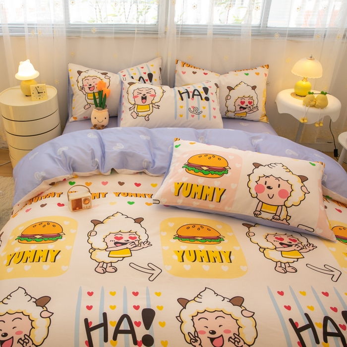 91家纺网 家纺一手货源 找家纺 简宜家居（朝初家纺） 2025新款40支斜纹12868纯棉全棉喜羊羊灰太狼系列四件套 吃货懒洋洋