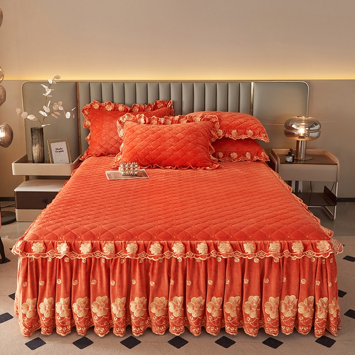 91家纺网 家纺一手货源 找家纺 罗艺轩 2025新款婴儿绒双层夹棉可拆卸床裙-花语 花语-艾玛橙