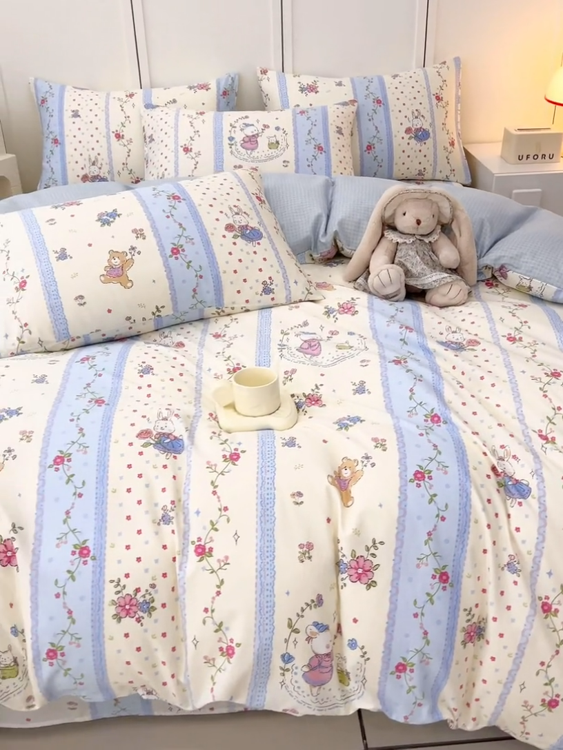 91家纺网 家纺一手货源 找家纺 金鑫汇家纺 2025新款全棉印花四件套 快乐萌兔